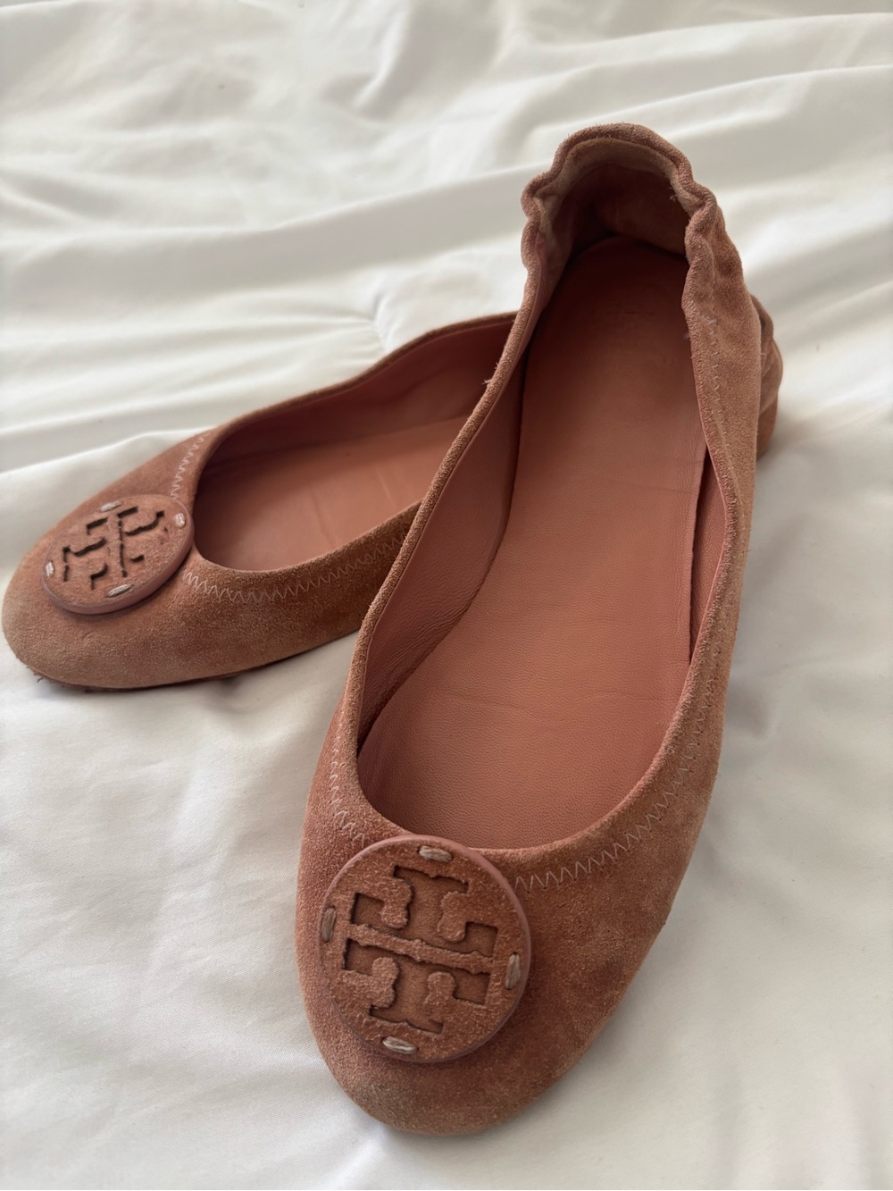 Tory Burch Dusty Rose Suede Logo Ballet Flats